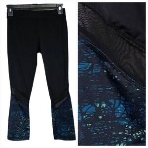 Women's Mesh Panel Black & Teal Capri Cropped Legging Workout Athletic Yoga Pant